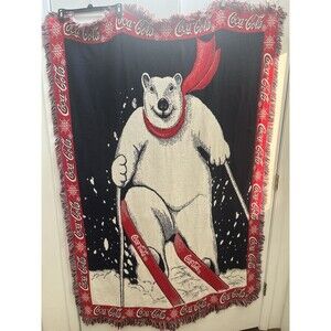 Vintage Coca Cola Knitted Throw Blanket Tapestry Polar Bear Skiing Coke